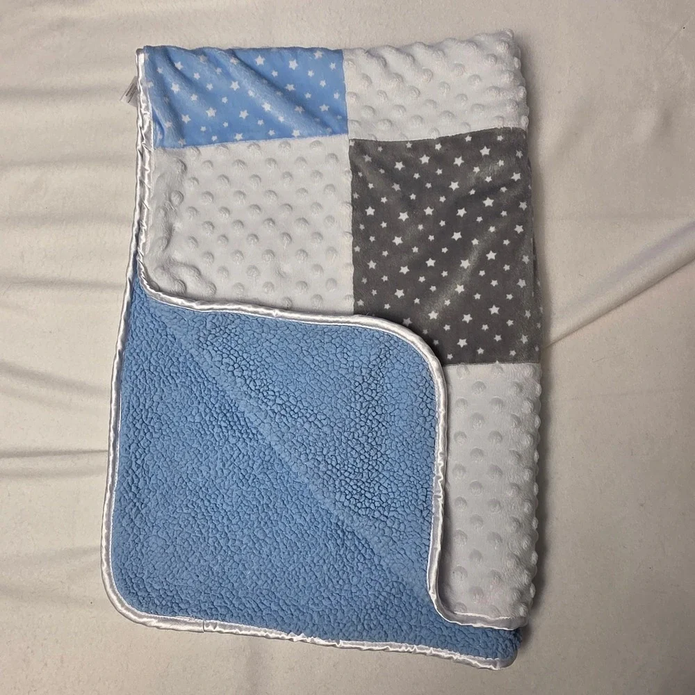 Just Born Baby Blanket Blue gray white minky patchwork star